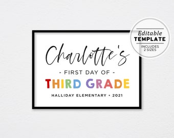 First Day of Third Grade Sign Template, First Day of School Printable, First Day Picture, First Day Photo Prop | EDITABLE TEMPLATE