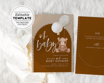 Teddy Bear Baby Shower Party Invitation | EDITABLE TEMPLATE #072