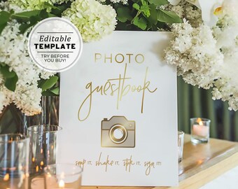 Juliette Gold Minimalist Photo Guestbook Sign, Wedding Photo Guest book Template, Wedding Photo booth Sign, Printable Photo Guestbook #017