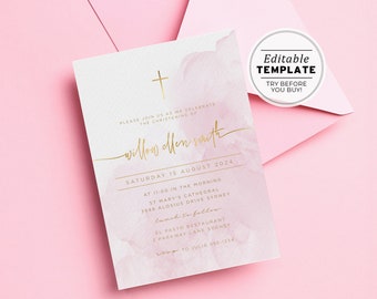 Primrose Gold Baptism Christening Invitation, EDITABLE TEMPLATE, Printable #108