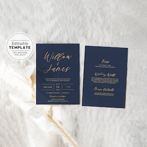 Classic Navy & Gold Wedding Invitation Printable Editable Template Download #012