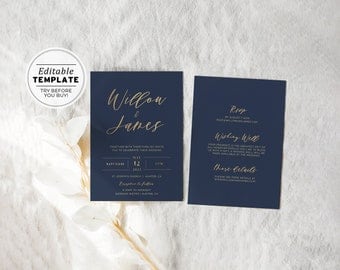 Classic Navy & Gold Wedding Invitation Printable Editable Template Download #012