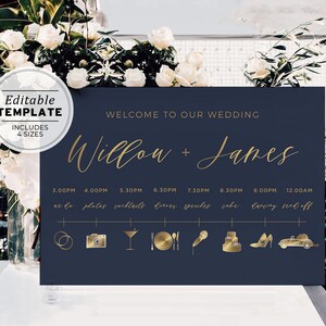 Classic Navy & Gold Minimalist Gold Wedding Day Itinerary Sign #012