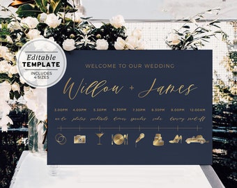 Classic Navy & Gold Minimalist Gold Wedding Day Itinerary Sign #012