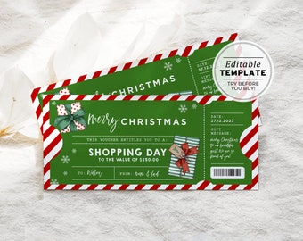 Printable Shopping Spree Christmas Gift Voucher, Shopping Day Gift Certificate, Shopping Christmas Gift Coupon | EDITABLE TEMPLATE #082 #093