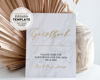 Editable Marble Look and Gold Wedding Guest Book Sign Printable, Please Sign Our Guest Book Sign Template, Wedding Guestbook Sign #010