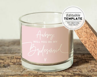 DIY Custom Photo Bridesmaid Proposal Candle Label Template, Picture Bridesmaid Proposal | EDITABLE TEMPLATE, Printable #035 Blush Minimalist