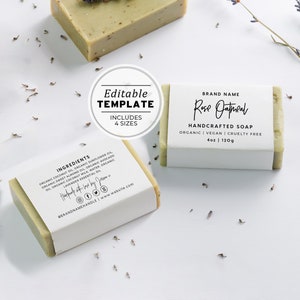 Puede incluir: Etiqueta blanca con texto negro para una pastilla de jabón. La etiqueta dice "Rose Oatmeal Handmade Soap Organic | Vegan | Cruelty Free 4oz | 120g". El jabón es verde y tiene un aspecto natural.
