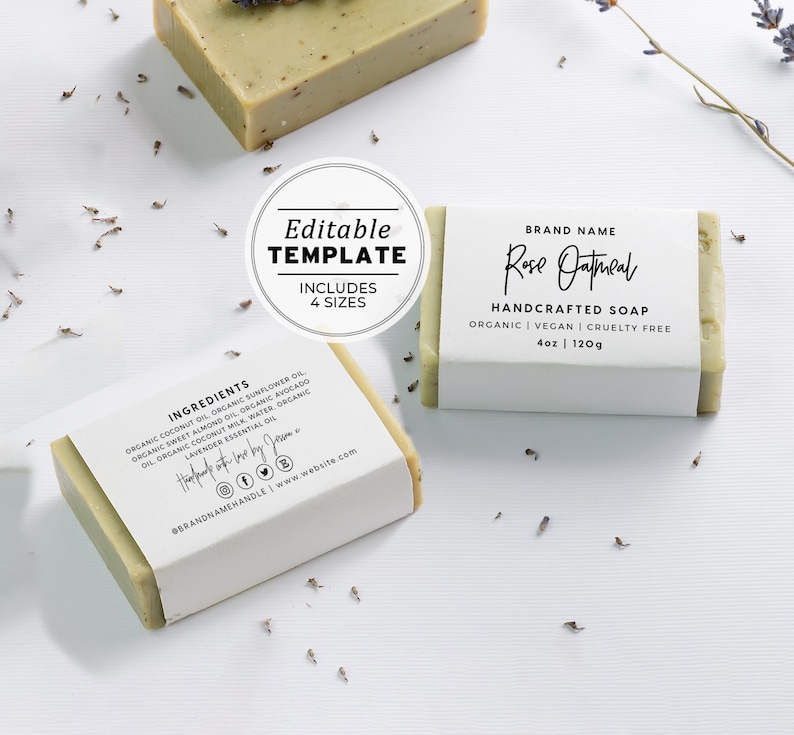 Minimalist Editable Soap Label - 4 SIZES 2.5" x 6"/7"/8"/9", Belly Band, Soap Packaging | EDITABLE TEMPLATE #050 #043 Juliette image 1