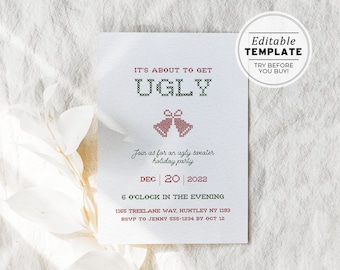 Ugly Sweater Holiday Party Invitation Template, Christmas Party Invitation, Editable Template, Holiday Invitation, Family Christmas Invite