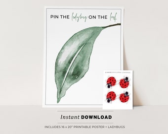 Pin the Ladybug on the Leaf Party Game Printable Poster, Birthday Party Game, INSTANT DOWNLOAD