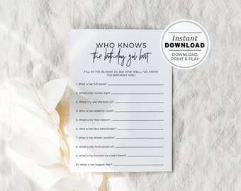 Who Knows the Birthday Girls Best Party Game | INSTANT DOWNLOAD #004 Juliette Minimalist