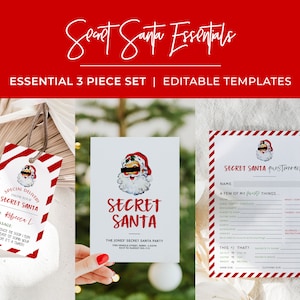 Christmas Secret Santa Essential Bundle, Gift Questionnaire, Invitation, Gift Tag | EDITABLE TEMPLATE #091