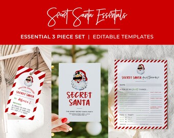 Christmas Secret Santa Essential Bundle, Gift Questionnaire, Invitation, Gift Tag | EDITABLE TEMPLATE #091