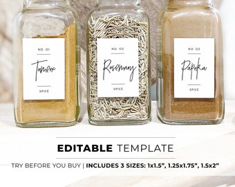 Minimalist Spice Jar Label Template, 3 Sizes Pantry Printable | EDITABLE TEMPLATE #004