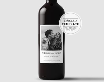 Etiquetas de vino, Plantilla de etiqueta de vino con foto, Favor de boda minimalista, Etiqueta de vino personalizada, Regalo personalizado, Etiqueta de regalo de vino #001 Mr White