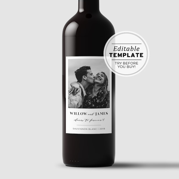 Mr White Minimalist Photo Wine Label Template, Wedding Favor, Custom Wine Label, Personalized Wine Label, Wine Gift Label #001