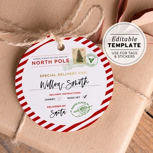Plantilla editable de etiqueta redonda y pegatina de Santa Mail de 2" y 3", etiqueta de envío del Polo Norte, etiqueta de regalo de Navidad imprimible, envío de Santa Claus