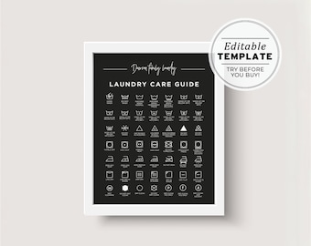 Minimalist Laundry Care Icon Sign, Washing Instructions Icons Printable | EDITABLE TEMPLATE Kiki Black #088