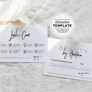 May include: A white card with black text and icons outlining lash care instructions. The card also includes a section for booking appointments with the business "Beauty by Anastasja".