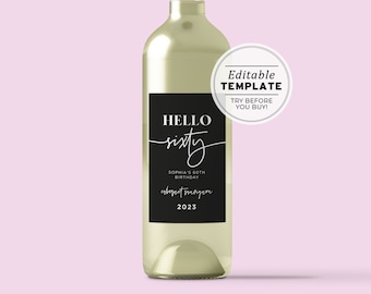 HELLO SIXTY Willow Minimalist 60th Birthday Party Wine Label Template, Custom Wine Label, Birthday Party Favor, Editable Template #028