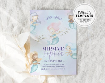 Coralia Mermaid Watercolor Birthday Invite, Little Mermaid Invite Template, Under the Sea Birthday Party | EDITABLE TEMPLATE #084