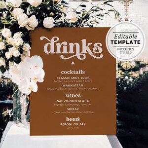 Mae Retro Drinks Menu Sign, Bar Menu, Drinks Sign, Bar Sign, Printable | EDITABLE TEMPLATE #096