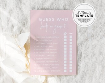 Blush Minimalist Guess Who Bride or Groom Bridal Shower Game, Wedding Shower Games, Hens Party Games | EDITABLE TEMPLATE #035