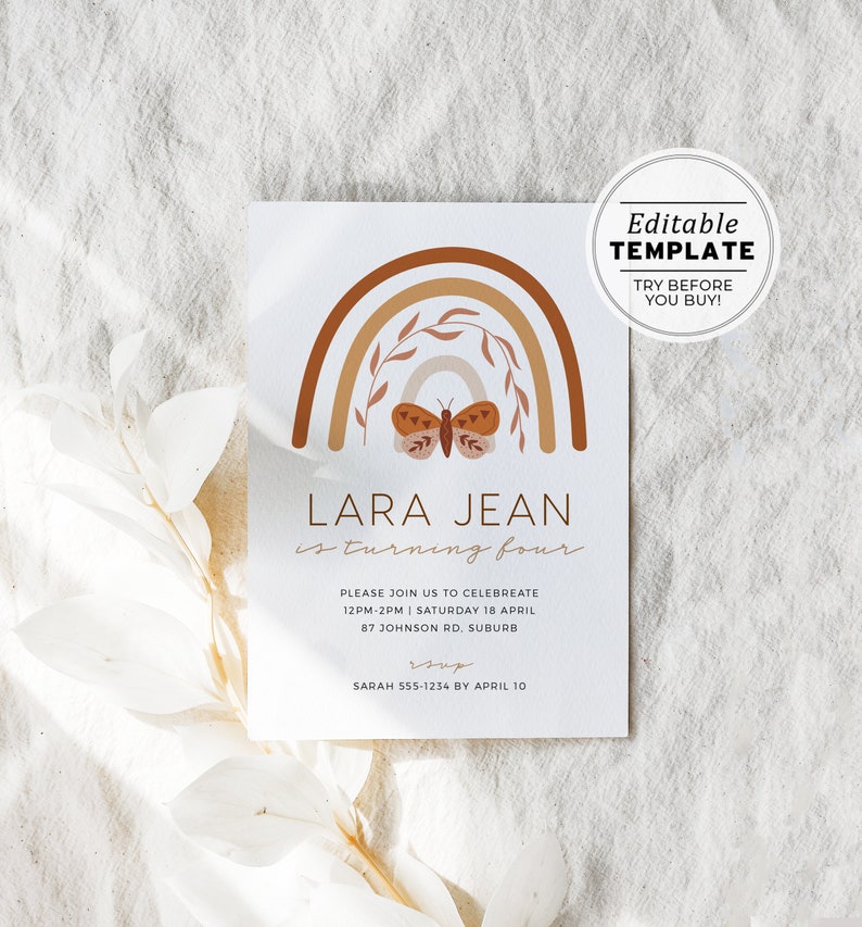 Lara Jean Boho Rainbow Birthday Party Birthday Invitation Template EDITABLE TEMPLATE