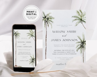 Palm Tree Wedding Invitation Template, Destination Wedding Invite, Digital Invitation, Printable Editable Template #111 Cocopalm