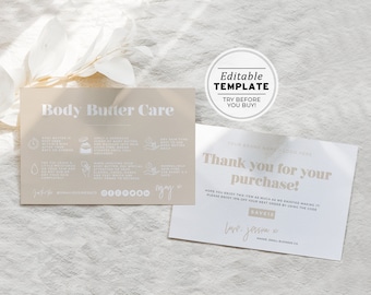 Minimalist Body Butter Thank You, Usage and Care Instructions with Icons, Package Insert | EDITABLE TEMPLATE #053 #043 Scandi Minimalist