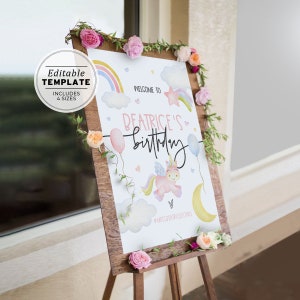 Placa de boas-vindas de aniversário em aquarela de Miss Polly Unicórnio, pôster de boas-vindas de unicórnio, placa de festa de aniversário | MODELO EDITÁVEL PARA IMPRIMIR #083