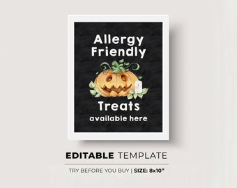 Halloween Allergy Friendly Trick or Treat Sign Printable | EDITABLE TEMPLATE