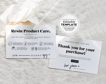 Minimalist Resin Product Care Card Template, Thank You Package Insert | PRINTABLE EDITABLE TEMPLATE #055 #043 Mr White