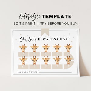 Editable Giraffe Rewards Chart, Sleep Training Chart, Printable Rewards Chart | EDITABLE TEMPLATE