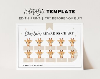 Editable Giraffe Rewards Chart, Sleep Training Chart, Printable Rewards Chart | EDITABLE TEMPLATE