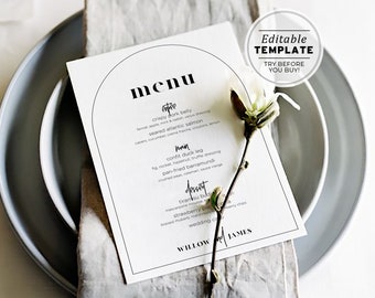 Noir Arch Minimalist Dinner Menu, Wedding Menu Template, Printable Engagement Party Menu | EDITABLE TEMPLATE #049