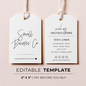 Juliette Minimalist Washing Instructions Tag Template, Aftercare Swing Tag Editable | EDITABLE TEMPLATE #050 #043