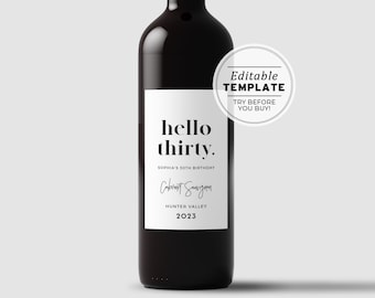 HELLO THIRTY Minimalist 30th Birthday Party Wine Label Template | Editable Template, Printable #008