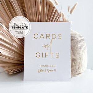 Kiki Gold kaarten en geschenken teken, moderne minimalistische bruiloft teken, bruids douche teken, baby douche teken, afdrukbare bewerkbare sjabloon #017