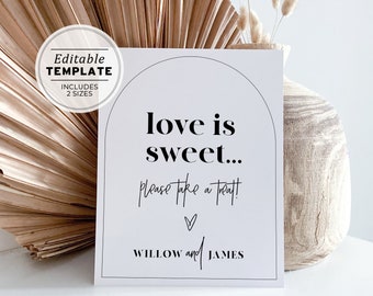 Noir Arch Printable Love is Sweet Sign, Minimalist Wedding Favor Sign, Bridal Shower Take a Treat Sign, Baby Shower Dessert Sign #049