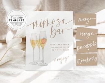 Minimalist Mimosa Bar Sign and Tags Template, Printable Mimosa Sign | EDITABLE TEMPLATE Aubrey Nue