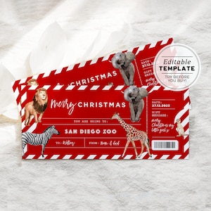 Printable Zoo Ticket Christmas Gift Voucher, Zoo Ticket Gift Certificate, Zoo Christmas Gift Coupon | EDITABLE TEMPLATE #082 #092