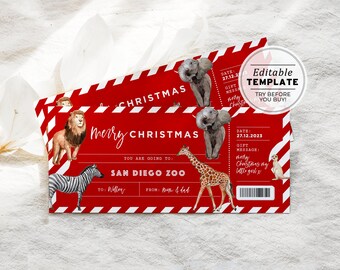 Printable Zoo Ticket Christmas Gift Voucher, Zoo Ticket Gift Certificate, Zoo Christmas Gift Coupon | EDITABLE TEMPLATE #082 #092