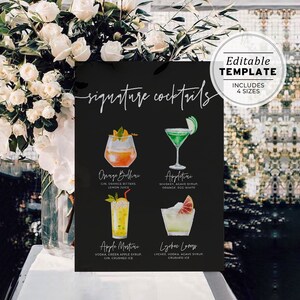 Willow Watercolor Signature Cocktails Menu Sign - 120 Cocktails, szablon znaku Drinks dla niego i dla niej | EDYTOWALNY SZABLON #028