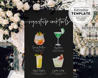 Willow Watercolor Signature Cocktails Menu Sign - 120 Cocktails, His and Hers Drinks Sign Template | EDITABLE TEMPLATE #028