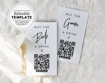 Buy the Bride a Drink, Buy the Groom a Drink Venmo Card, Paypal, QR Code, Cash App Card Template | EDITABLE TEMPLATE Juliette #004