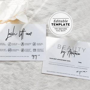 Juliette Minimalist Lash Lift Care Card, Redigerbart Eftervårdskort, Tidsbeställningskort, Fransinstruktioner | REDIGERBAR MALL #050 #043