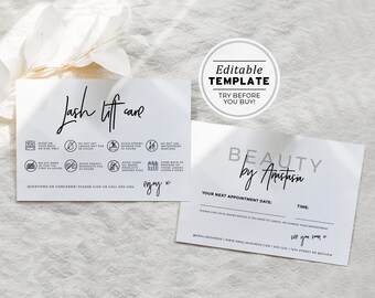 Juliette Minimalist Lash Lift Care Card, Editable AfterCare Card, Appointment Card, Lash Instructions | EDITABLE TEMPLATE #050 #043