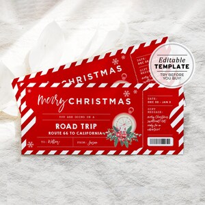 Modèle de cadeau de Noël de billet de road trip imprimable, cadeau de billet de road trip surprise, certificat-cadeau du Père Noël | MODÈLE MODIFIABLE #082 #092